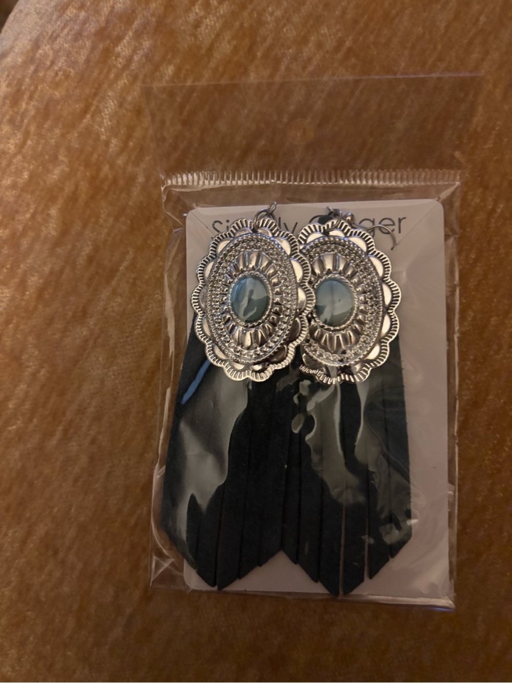 Silver-Tone Teal Stone Dangle Earrings with Black Fringe
